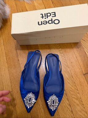 Open Edit Blue Embellished Satin Slingback Mules